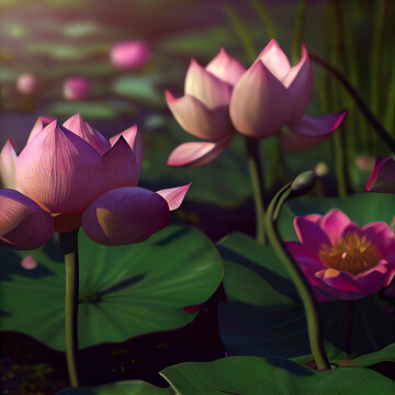 A beautiful pink waterlily or lotus flower in pond © Fernando
