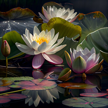 Water lilies (lotus) in the pond, white and pink. Tropical water flower plant blooming on the water surface, nature, waterscape, realistic illustration, digital painting, generative AI 
