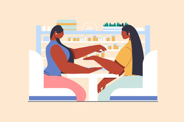 Manicure salon concept with people scene in flat design. Woman receives nail polish coloring and hand skin care. Manicurist doing beauty procedure. Illustration with character situation for web