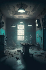 Abandoned old hospital. Broken and dirty operating room. morgue table. Ghost town. Rusty and grungy walls and floor.