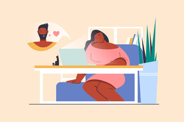 Online dating concept with people scene in flat design. Woman and man in love communicate online and send flirting messages to chat using laptop. Illustration with character situation for web
