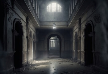 Empty vintage room. Cracked and moldy walls and floor. Light shining through window. Vampire house.