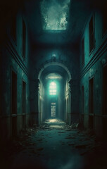 Obraz premium Spooky horror night mansion interior. Arched door and hallway. Mist and fog. Horror room. Wood staircase. Dirty and cracked floor. Broken ceiling.