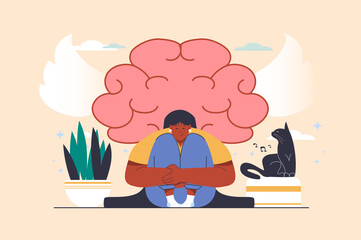 Mental health concept with people scene in flat design. Happy woman hugging and supporting herself, thinking positively and taking care of balance. Illustration with character situation for web