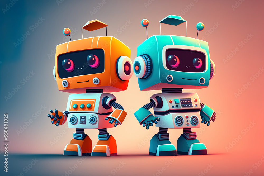 Poster robotic figures in a standing position, smiling and having a nice demeanor. generative ai