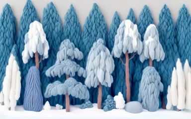 Foto op Canvas Cartoon snowy winter forest landscape made of wool and thread © vladnikon