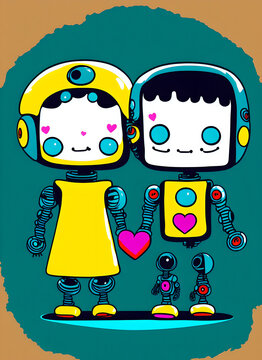 Little robot boy and girl.love between androids