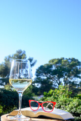 Glass of wine and book with glasses