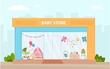 Baby store facade. Modern kids shop vector illustration. Retail trail. Shop window with different products for newborn, kids, children: stroller, high chair, baby bouncer, toy, clothers, baby crib.