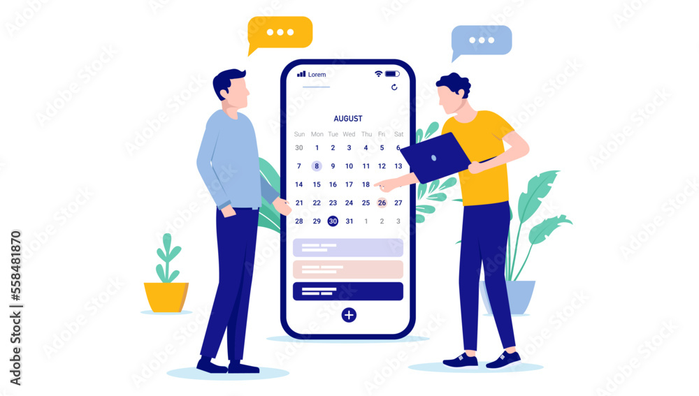 Leinwandbilder calendar planning - two men in casual clothes working and making plans for projects and tasks in off