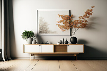 a contemporary living room interior featuring a white wall, a wood floor, and an empty frame on a cabinet,,. Generative AI