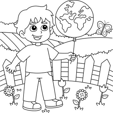 Boy Holding an Earth Balloon Coloring Page 