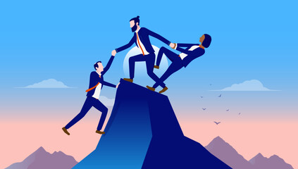 Business teamwork - Group of businesspeople giving a helping hand and working as a team to achieve success and reach goal. Flat design vector illustration