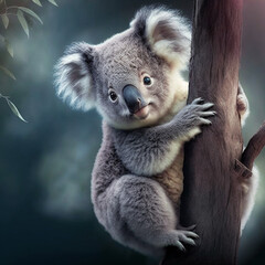 Koala climbed in a tree. Generative AI.