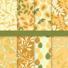 Vector background with monstera leaves, palm trees, flowers, and branches. Travel pattern set collection.