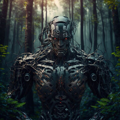 Fototapeta premium Angry cyborg in the forest. Generative AI.