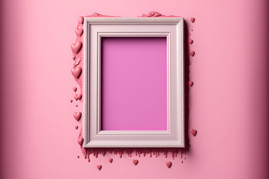 Frame with empty space with Pink paint Hearts on a Pink wall for Valentines Day. Generative AI
