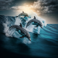 Dolphins jumping in the sea. Generative AI.
