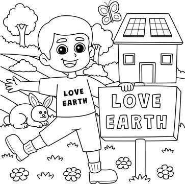 Boy Holding a Love Earth Sign Coloring Page 