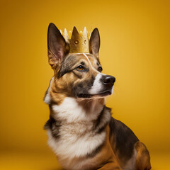 Dog with a king crown on a yellow background. Generative AI.