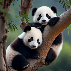 Obraz premium Two pandas up a tree. Generative AI.