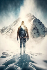 Obraz premium high altitude climber in front of alpine mountain with glacier. Adventure achievement and success concept. designed using generative ai. 