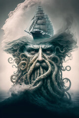 Ghost ship with ghost pirate with tentacles. Kraken monster. Designed using generative ai. 