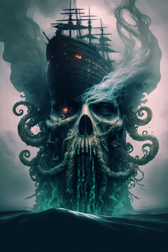 Closeup portait of a ghost pirate with kraken tentacles. Designed using generative ai. 