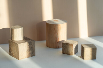 Composition empty podium material wood and dry flowers. Beautiful pastel background made of natural materials for the presentation of your product.