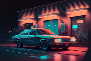 car parked in front of a building at night, cinematic lighting, retrowave