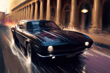 Obraz na płótnie Canvas Black car at high speed down a street, cinematic action chase scene