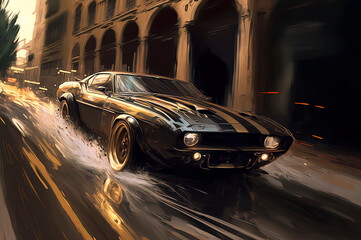 Fototapeta premium quick stroke oil painting of a car at high speed down a street, cinematic action chase scene