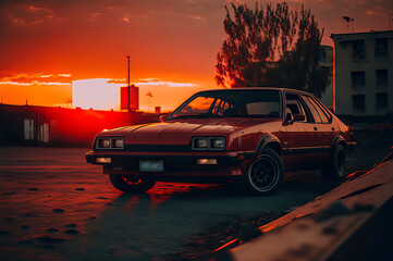 Fototapeta na wymiar elegant red car parked, sunset in the background