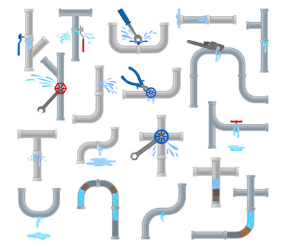 Set of leaking water pipes and plumbing repair tools. Leak, blockage, burst, and frozen at water supply pipe plumbing problems cartoon vector illustration