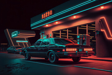 vintage car parked, cinematic scene with neon lights