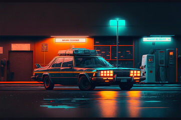 vintage car parked, cinematic scene with neon lights