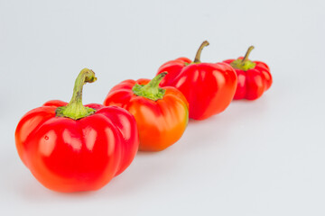 Colorful small red peppers on a white background. Sweet pepper Mini Bell. Assorted paprika. Peppers in a row. From bigger to smaller. Concept of growth and diversity.