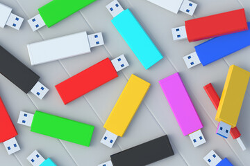 Scattered many multicolor flash drives, usb memory sticks. Electronic access key. Data storage. Top view. 3d render
