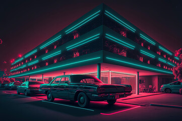 car is parked in front of a gas station, neon lights