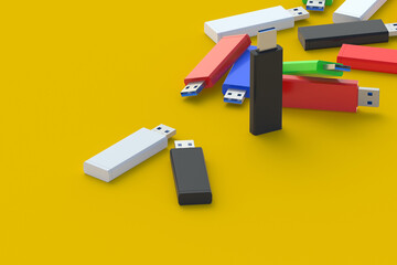 Many multicolor flash drives, usb memory sticks. Electronic access key. Data storage. 3d render