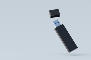 Flying flash drive, usb memory stick with cap. Electronic access key. Data storage. Copy space. 3d render