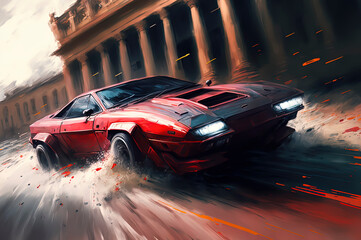 red car at high speed down a street, cinematic action chase scene