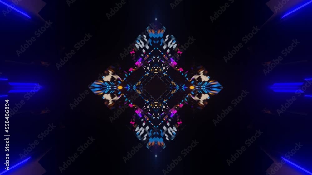Aufkleber fly through symmetrical technology cyberspace with neon glow. sci-fi flight through hi-tech technolo