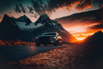 Wall murals Cars car driving on the road towards the sunset, scene with mountains and sunset