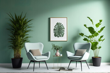 A blank wall in a trendy pastel room with a green wall, plush chairs, a plant, and lamps. Generative AI
