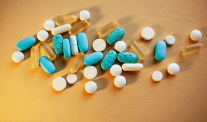 Tablets and capsules lie on a yellow background. View from above. The concept of healthcare and medicine.