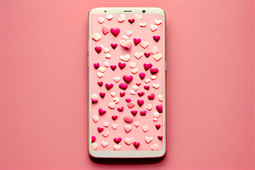 Hintergrund für Valentinstag. Handy mit Herzen auf dem Display auf rosa Hintergrund mit Platzhalter
