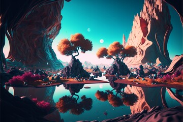 Naklejka na ściany i meble A surreal landscape with floating objects, distorted perspectives, and dreamlike elements, using expressive brushstrokes and bold colors, Generative AI