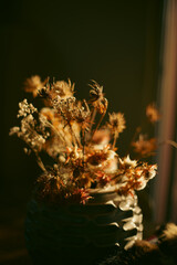 backlited flowers in vase on the table in sunset time