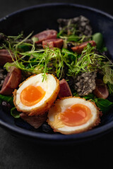 Delicious spanish food, dishes on a dark background in a restaurant, tasty looking dishes